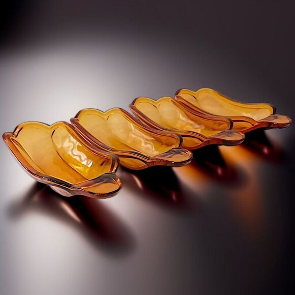 4 Amber Glass Banana Split Boat Sundae Dishes Set Vintage 70s 80s‎ Indiana Glass - Picture 15 of 16